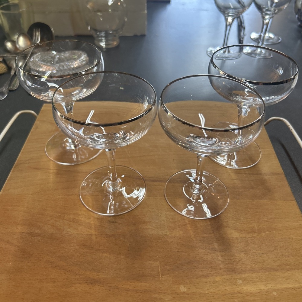 Vintg Sasaki Coronation Clear 4 Martini Cocktail Glasses Silver Rim MCM